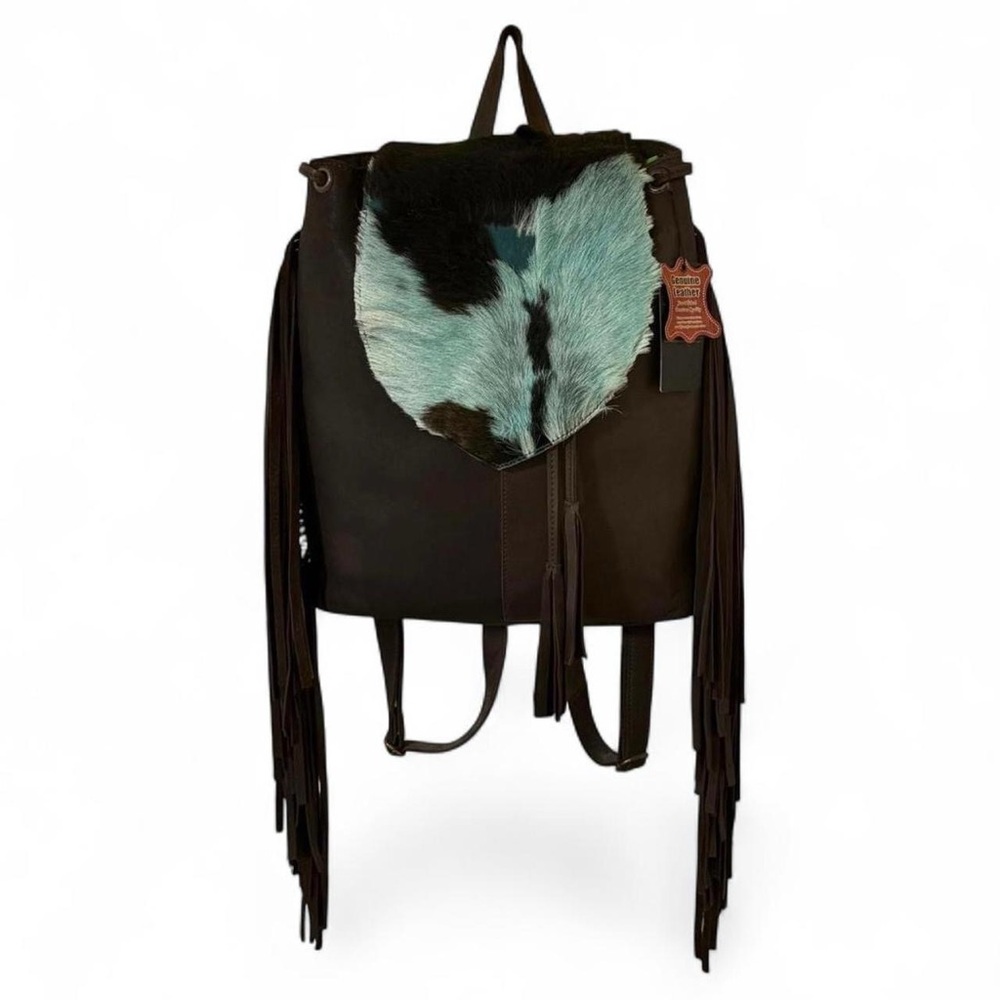 American Darling Genuine Leather Fringe Black & Teal Cowhide Backpack ADBGZ219